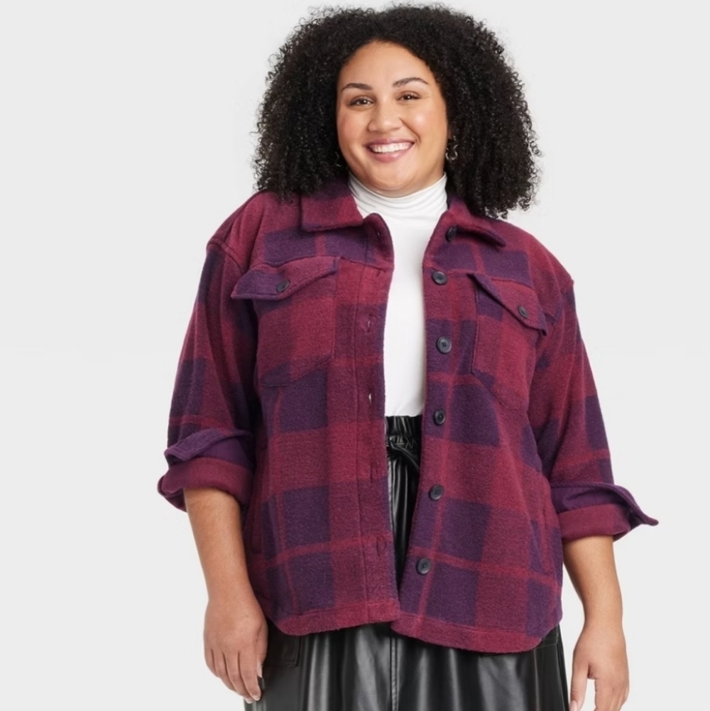 Women's Front Button-Down Shacket - Ava & Viv Burgundy Plaid 2X